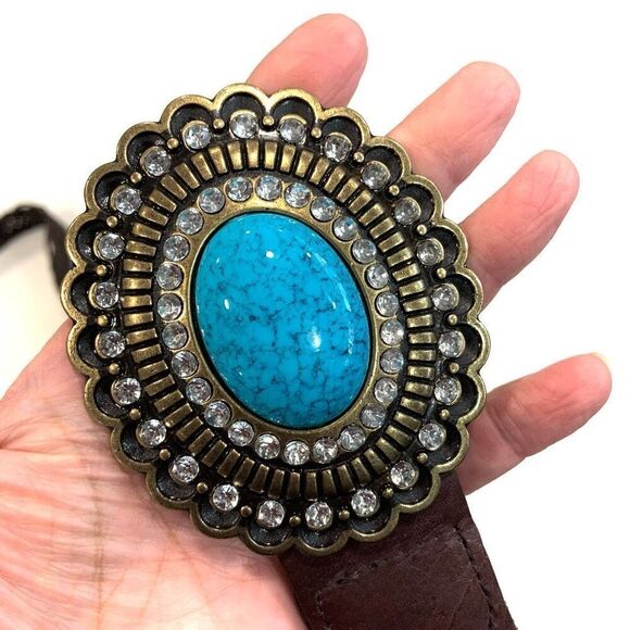 BOSTON PROPER Woven Leather Belt with Turquoise Buckle (Sz L) - Picture 4 of 8